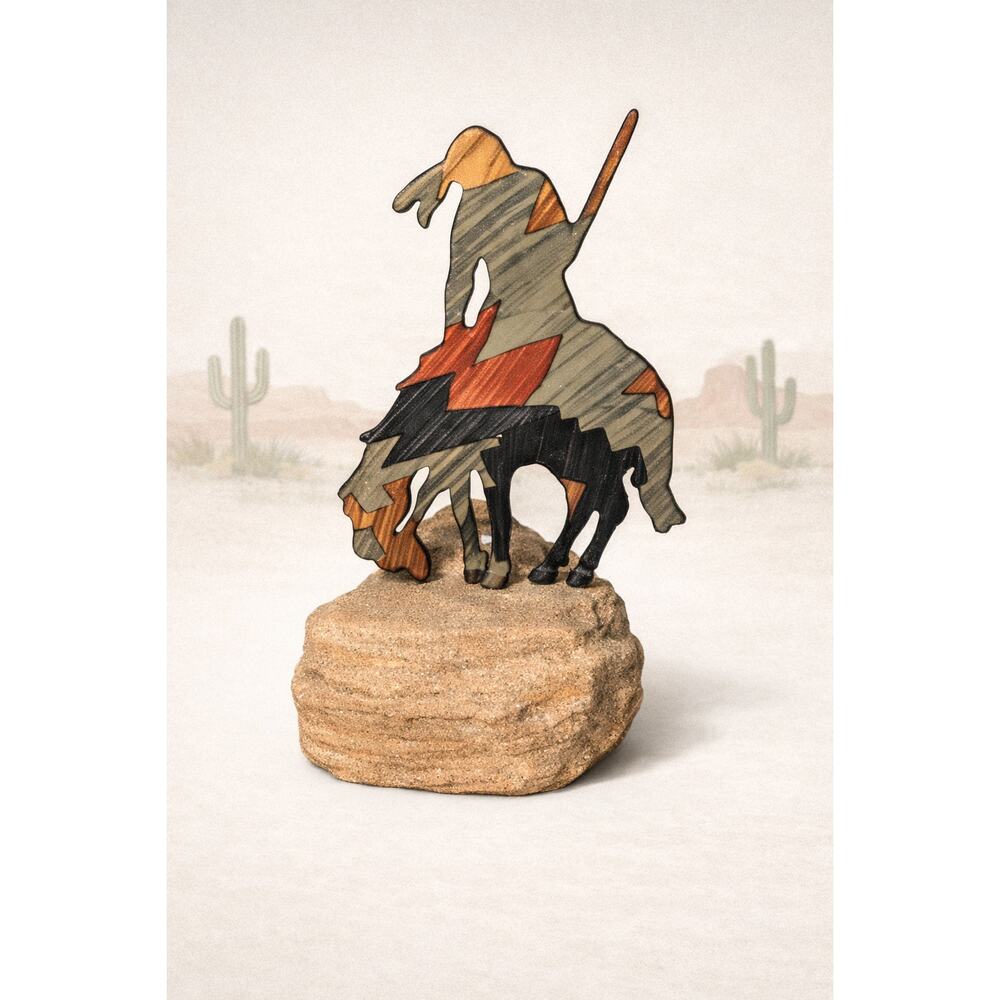 Lazart End of Trail Metal Native Horse Sculpture Mounted on Stone 4” Southwest